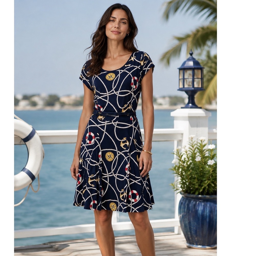 Lauren Ralph Lauren Nautical Anchor Print Dress Blue Cotton Rope Belt XL